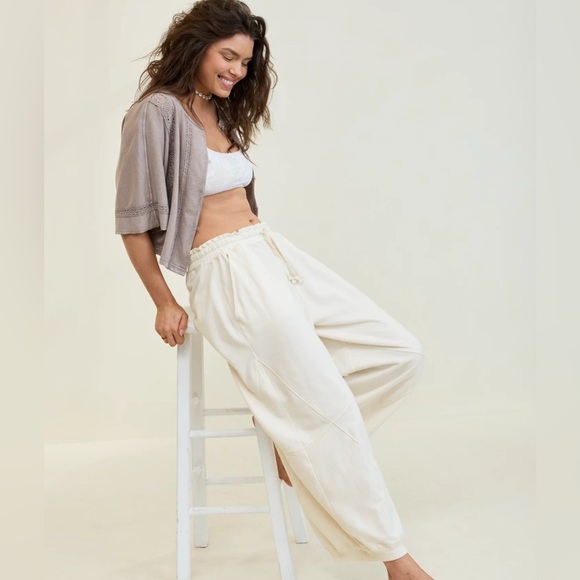 Aerie Baggy Barrel Leg Fleece Pant Cropped Cotton light Beige Off white size XS - Picture 2 of 5